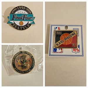 Lot of 3 pins 1995 NCAA Final Four, Karl Malone, 1996 Atlanta Olympic Pin Brasil